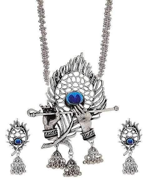 Total Fashion Silver Oxidised Designer Jewellery Krishna Flute Necklace Set for Women & Girls