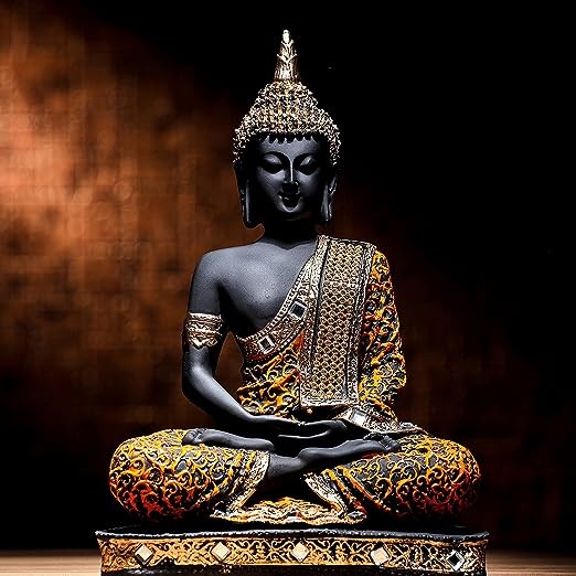 Global Grabbers Polyresin Sitting Buddha Idol Statue Showpiece for Homedecor Decoration Gift Gifting Items-Org_Blk-Bs2-(00), Multicolored