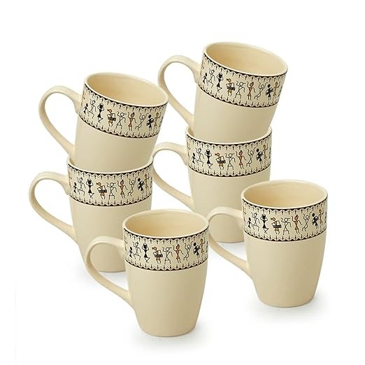 ExclusiveLane Ceramic Coffee Mugs Set of 6 | 'Whispers of Warli' Handcrafted Printed Mugs for Coffee Cup Tea Mug & Cup (Ivory White & Black, 300 ML, Microwave & Dishwasher Safe)