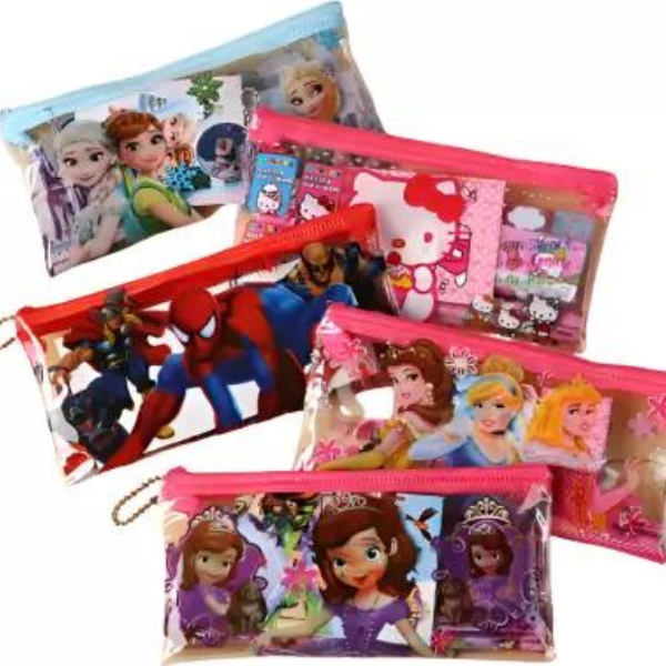 Transparent Stationary Pouch for Girls  Cartoon Art Plastic Pencil Bo Ideal for birthday return gits for kids Pack of 4
